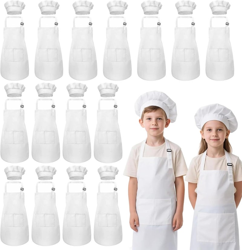IAGBIBUI Kids Apron and Chef Hat Set, 30 Pieces Boys Girls Kids Apron with 2 Pockets Adjustable for Cooking Classroom Baking Painting, 6-13 Years, White - Image 1